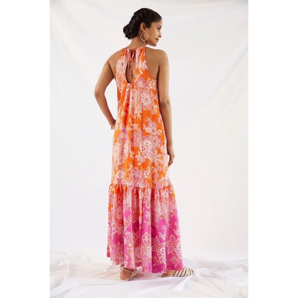 Anthropologie Maeve Flounced Halter Maxi Dress Pink Orange Large NWOT - Picture 4 of 13